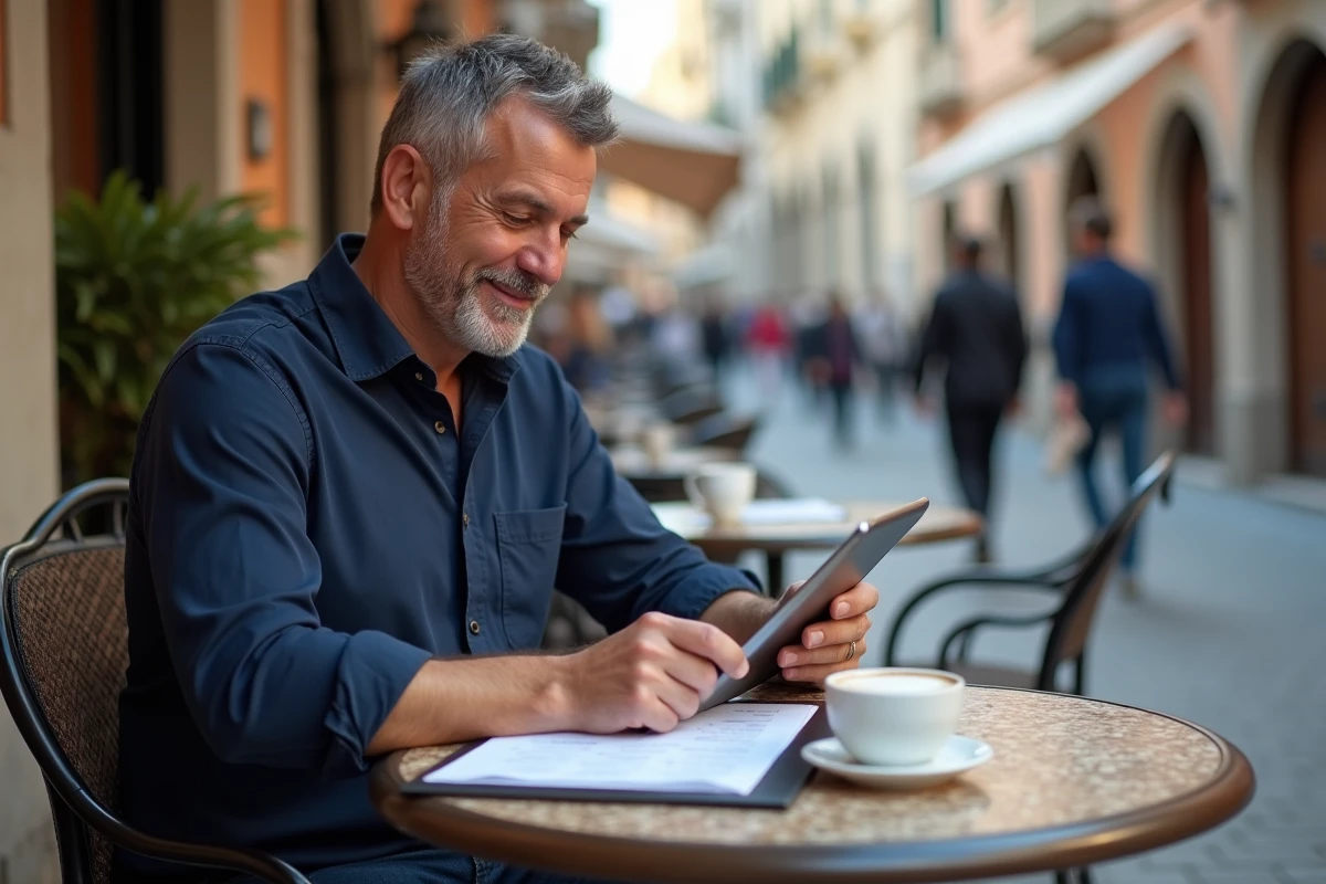 Homme utilisant une application de traduction sur tablette dans un café en Europe pour lire un menu en langue étrangère