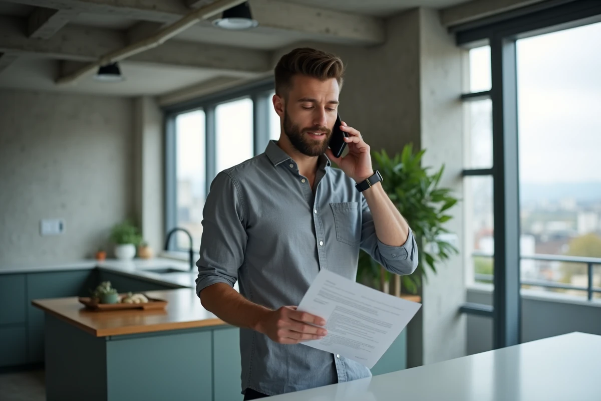 Homme au téléphone avec le service client EDF pour contester une résiliation abusive de son contrat d'électricité
