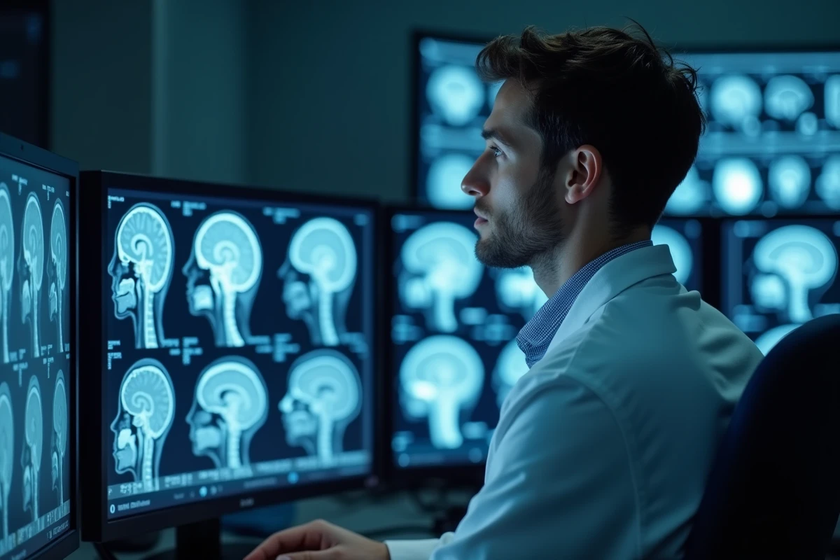 Interne en neurologie analysant des IRM cérébrales, représentant la difficulté des spécialités médicales
