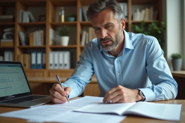 Investisseur immobilier consultant des documents de prorogation Pinel à son bureau à domicile