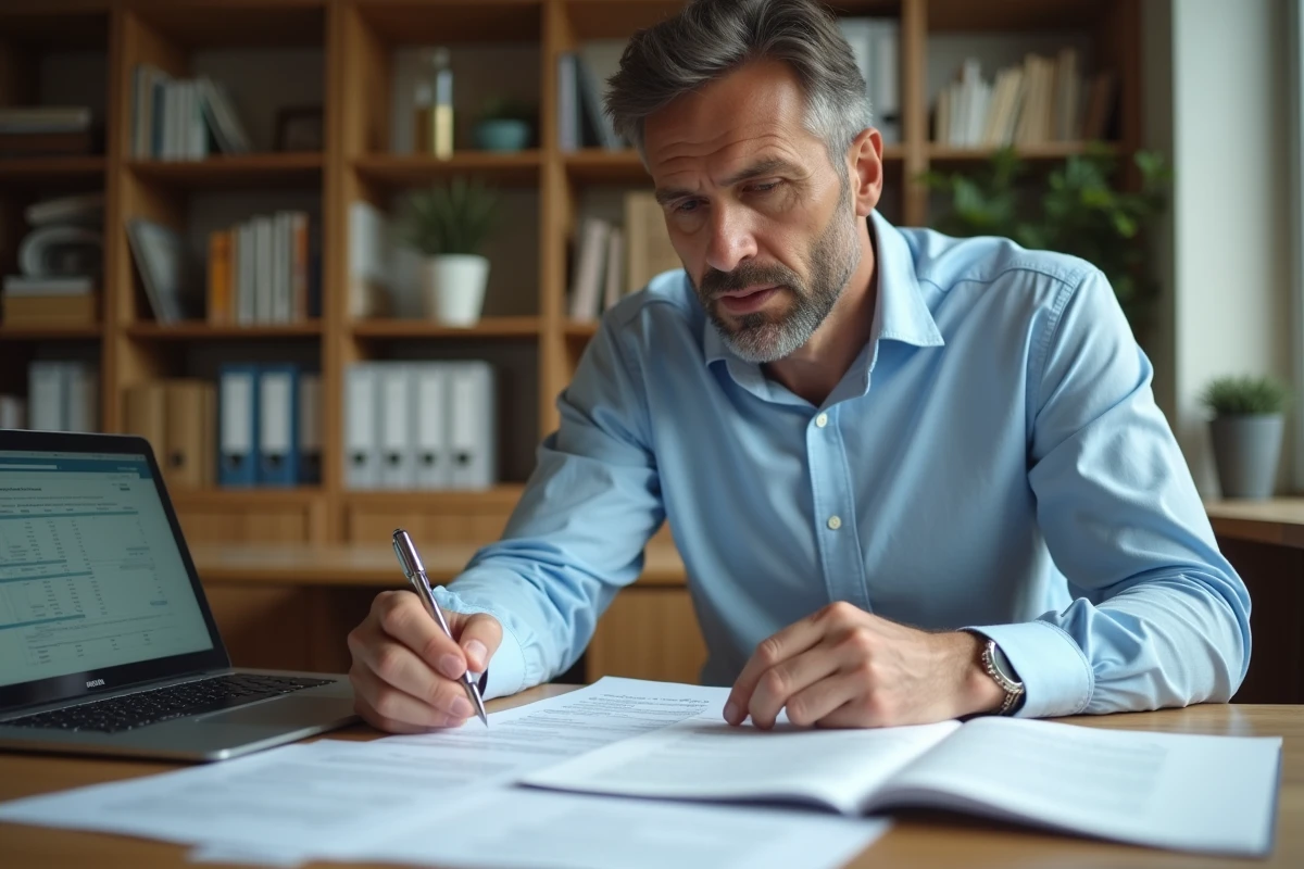 Investisseur immobilier consultant des documents de prorogation Pinel à son bureau à domicile