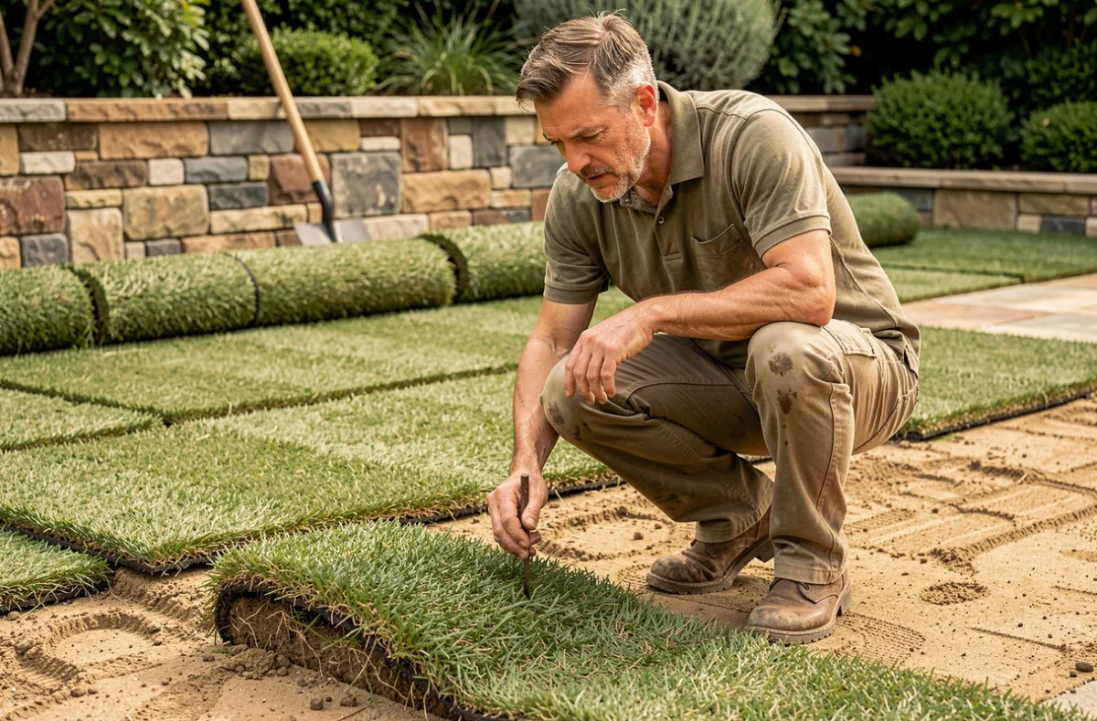 Jardinier professionnel inspectant des rouleaux de gazon C4 hybride posés sur une terrasse de jardin privé
