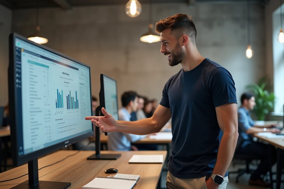Jeune entrepreneur masculin analysant des outils numériques pour son entreprise en ligne dans un espace de coworking