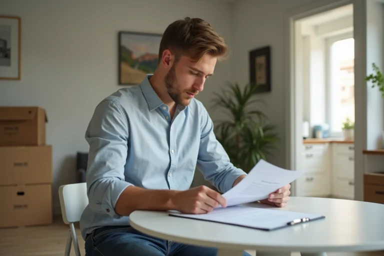 Jeune homme examinant deux contrats de location d'appartement