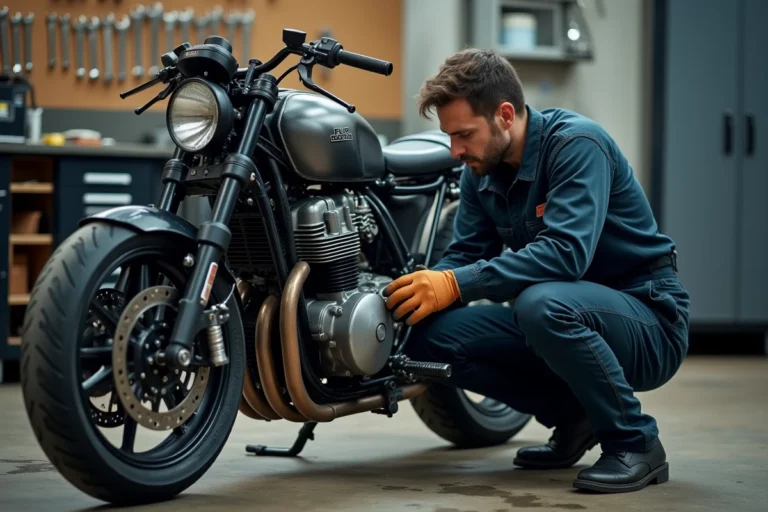 Mécanicien moto inspectant le corps papillon et l'injection d'une moto sportive dans un atelier professionnel