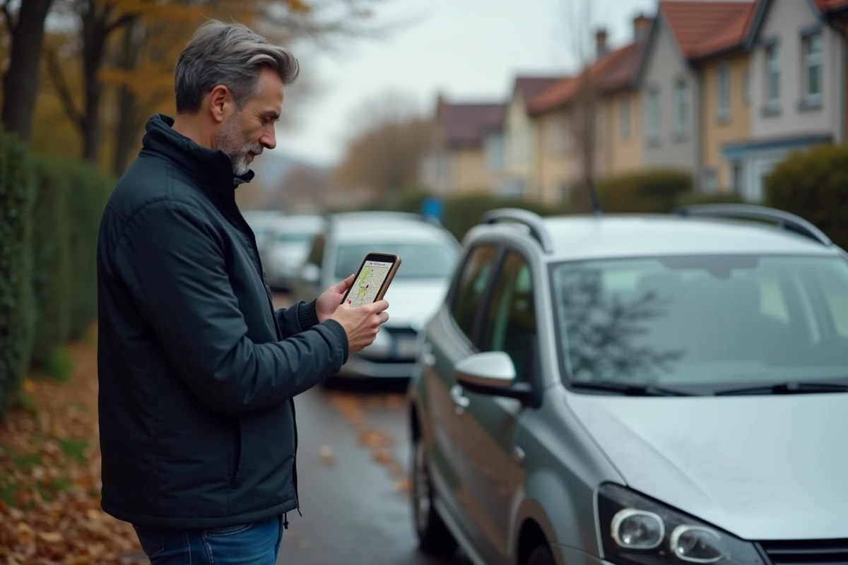 Homme consultant son itinéraire multi-étapes sur smartphone Mappy près de sa voiture
