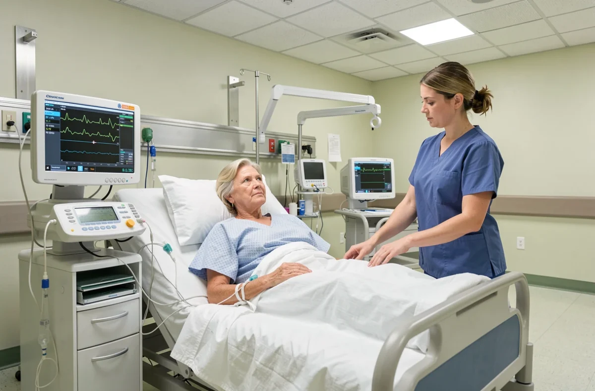 Patiente âgée sous surveillance cardiaque dans un service de cardiologie après pose d'un stent
