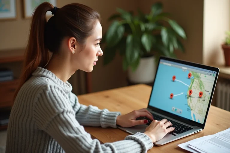 Femme planifiant un itinéraire multi-étapes sur Mappy depuis son bureau à domicile