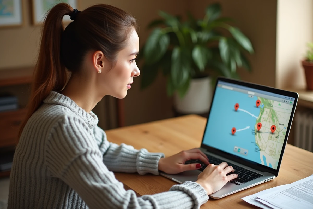 Femme planifiant un itinéraire multi-étapes sur Mappy depuis son bureau à domicile