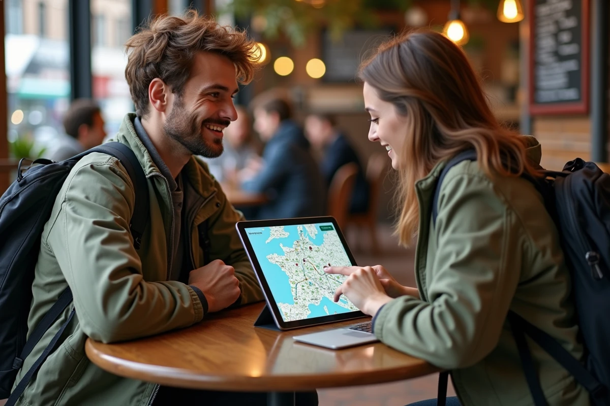 Deux voyageurs planifiant ensemble un itinéraire multi-étapes sur Mappy dans un café urbain