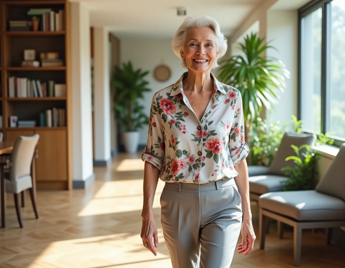 Résidente senior se promenant dans le couloir confortable d'une résidence Domitys