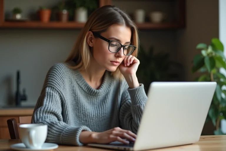 Femme résiliiant son abonnement Meetic sur un ordinateur portable dans une cuisine moderne