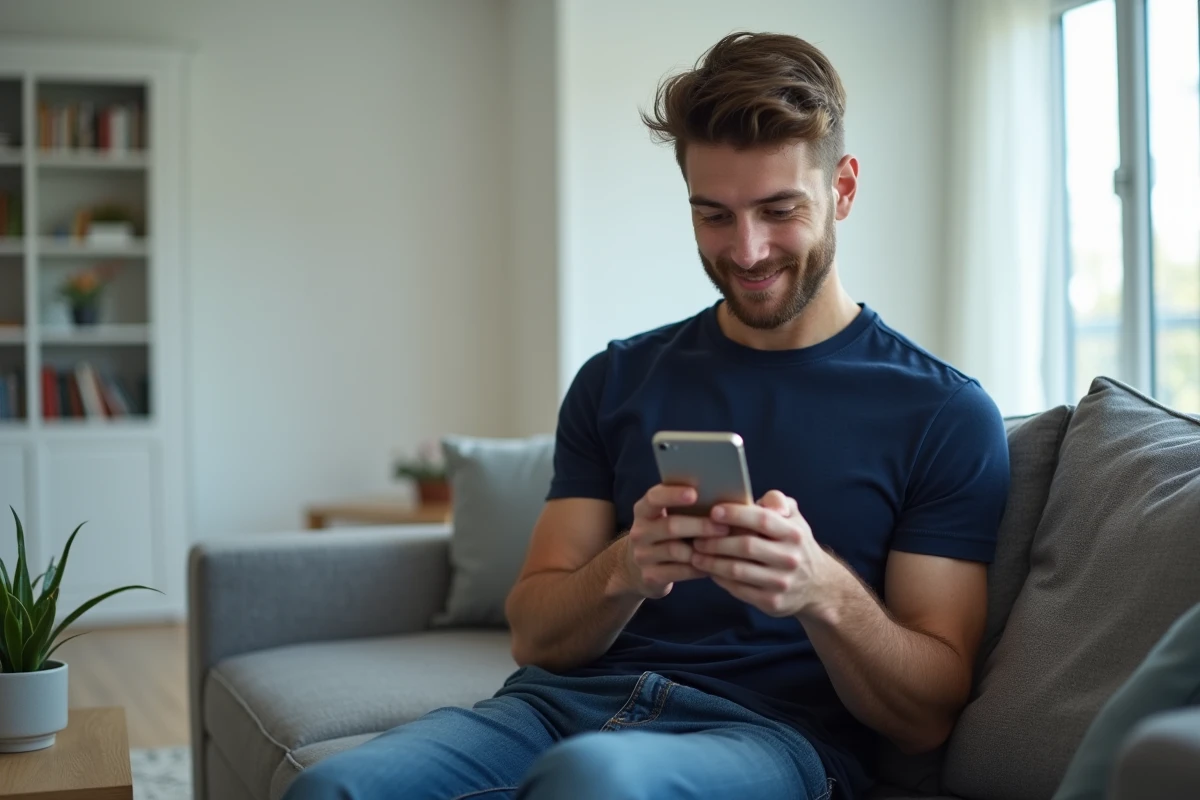 Homme consultant les étapes de résiliation Meetic sur son smartphone dans un salon minimaliste
