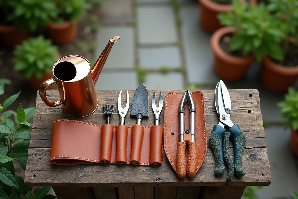 Sélection d'équipements de jardin premium disposés en flat-lay sur bois recyclé avec arrosoir en cuivre et outils en acier inoxydable