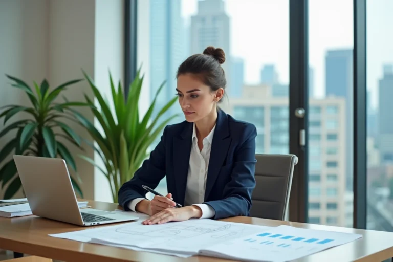 Femme professionnelle analysant des documents immobiliers et des plans architecturaux dans un bureau moderne avec vue sur la ville
