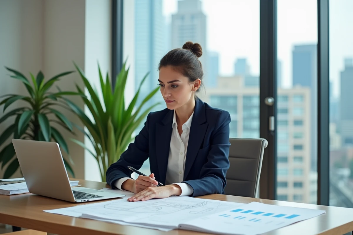Femme professionnelle analysant des documents immobiliers et des plans architecturaux dans un bureau moderne avec vue sur la ville