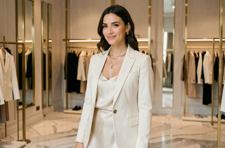 Femme élégante en blazer ivoire et robe en soie dorée dans une boutique de mode parisienne au style glamour