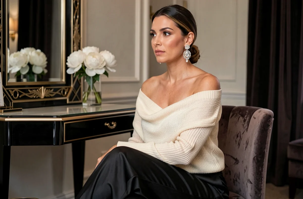 Femme sophistiquée en tenue glamour satin noir et knit crème assise devant une coiffeuse art-déco dans une suite d'hôtel de luxe
