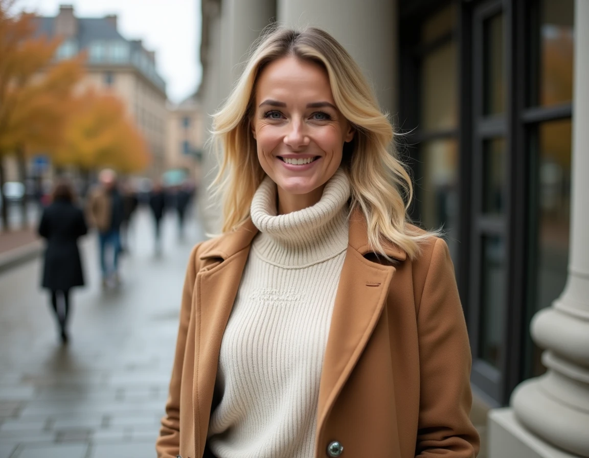Veronika Thielova en manteau camel devant une institution culturelle contemporaine, symbole de son influence et de sa réussite