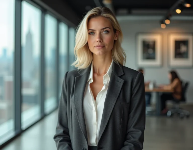 Veronika Thielova, femme professionnelle inspirante en blazer gris, dans un bureau moderne avec vue sur la ville