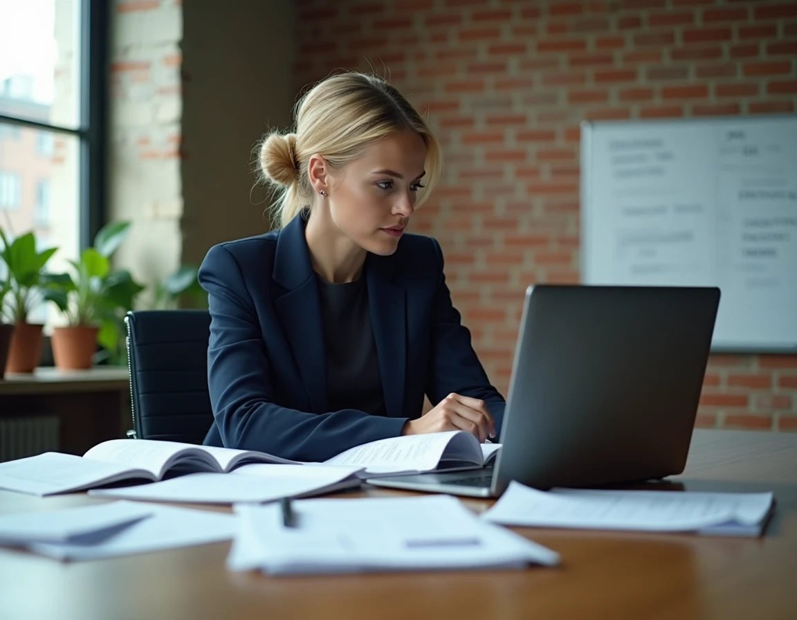 Femme d'affaires analysant des documents stratégiques dans une salle de conférence contemporaine, illustrant le parcours professionnel de Veronika Thielova