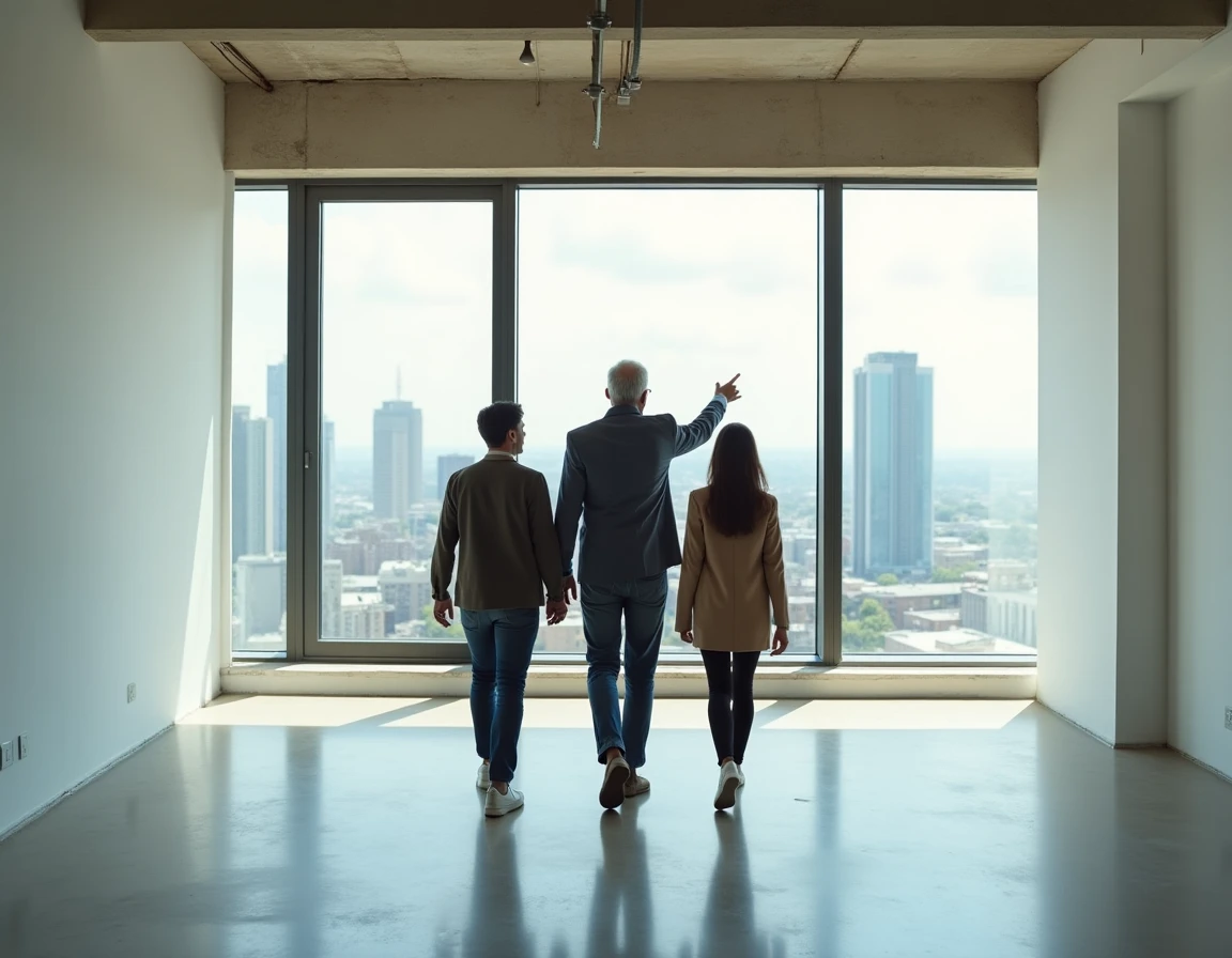 Agent immobilier faisant visiter un appartement moderne à un jeune couple avec vue sur la ville