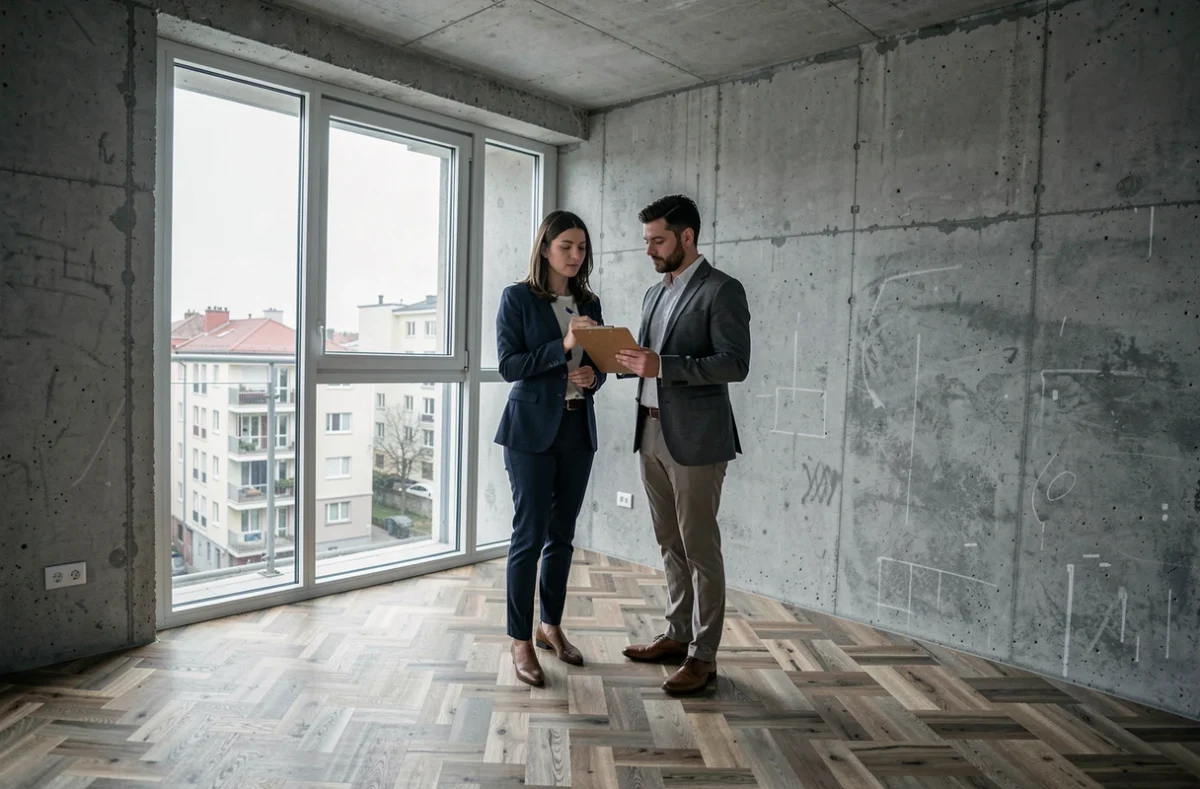 Couple visitant un appartement locatif non meublé lors d'une inspection immobilière pour investissement - Killahejlaszo Housing